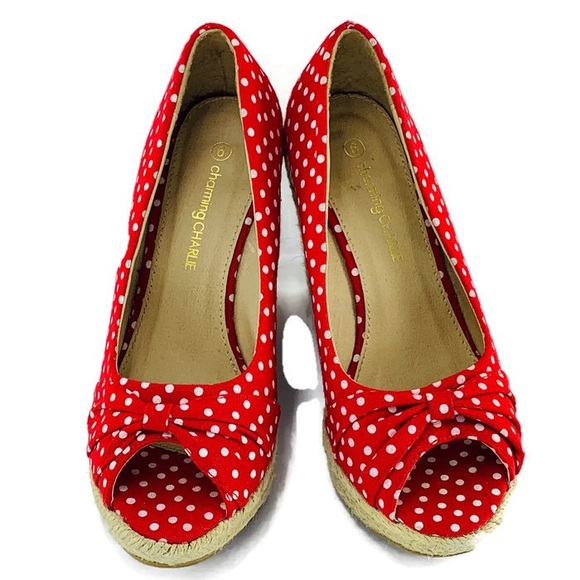 Charming Charlie Red Polka Dots Shoes Wedge Size 6 - Picture 6 of 6